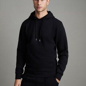 Reiss Fabien Plain Interlock Jersey Drawstring Hoodie Navy Medium